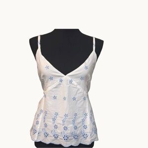 White Eyelet Floral Camisole with Blue Embroidery